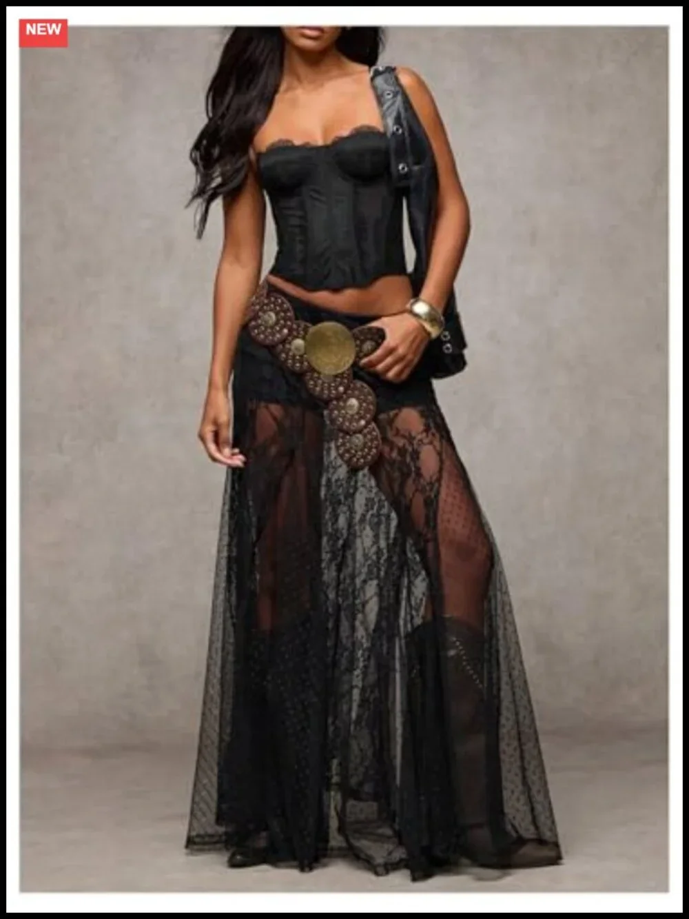 Sheer Lace Maxi Skirt Ruffle Asymmetrical See Through Long Flowy Polka Dot